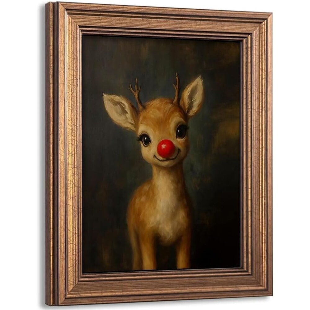 Vintage Christmas Wall Art Decor Gold Framed Clown Reindeer Picture Painting - Picture 7 of 7